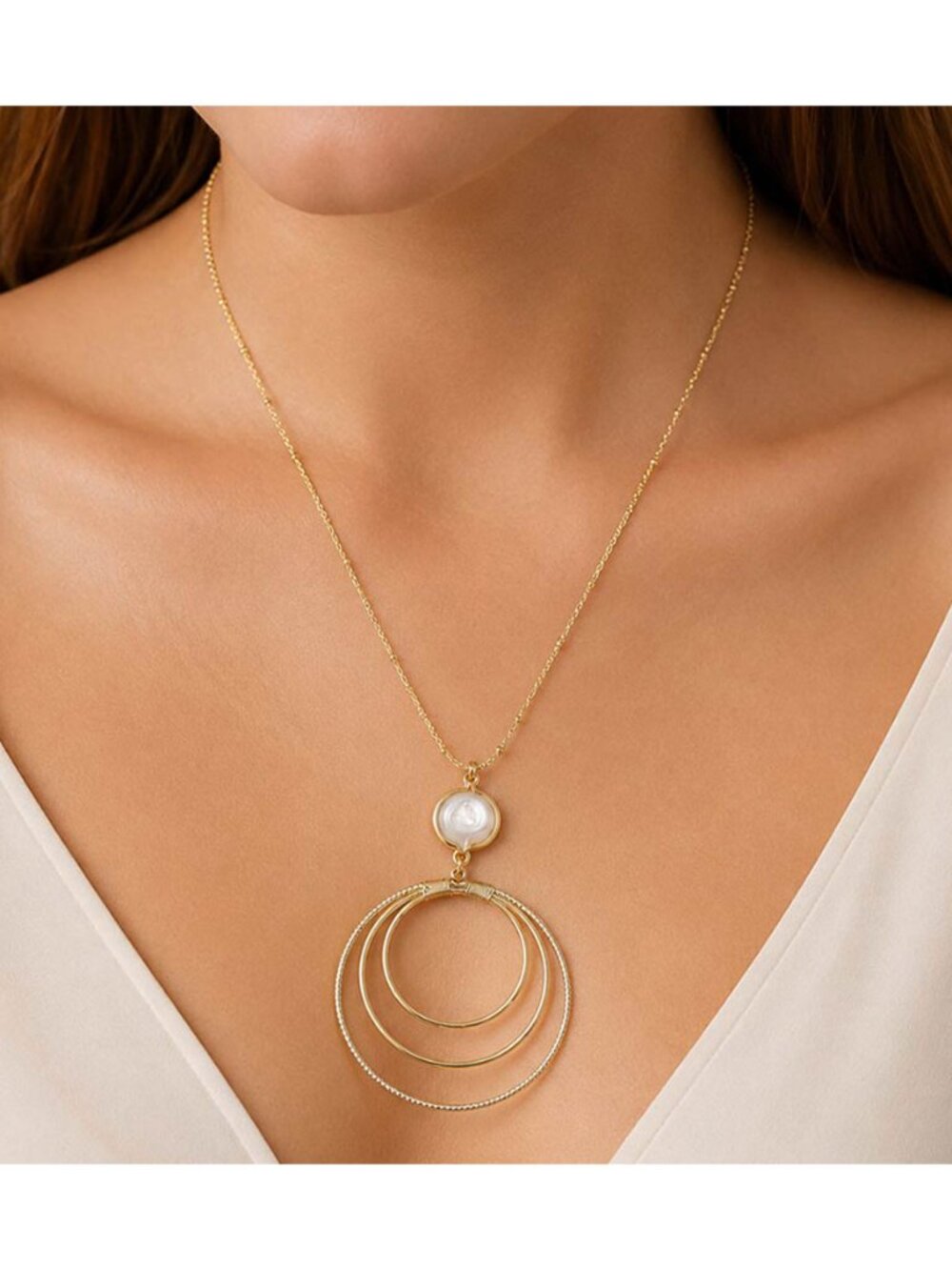 Tigerstars Pearl Accent Layered Hoop Drop Pendant Beaded Chain Necklace